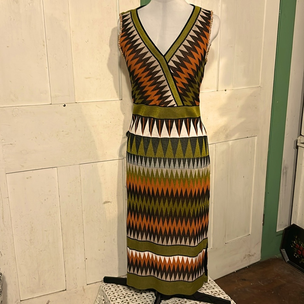 🔥Marc Cain Dress Knitted in Germany Geometric Aztec Retro Bodycon Sz 4-6 or 8